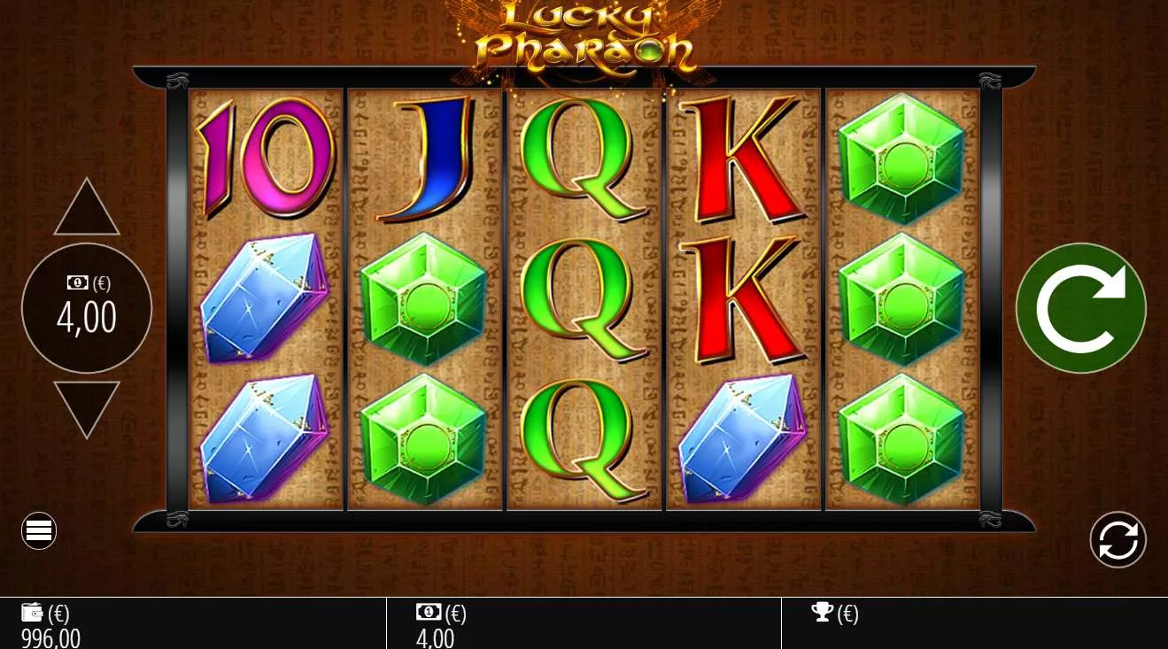 Lucky Pharaoh Demo-Oberfläche mit 5 Walzen, ägyptischen Symbolen und Spielgeld-Anzeige
